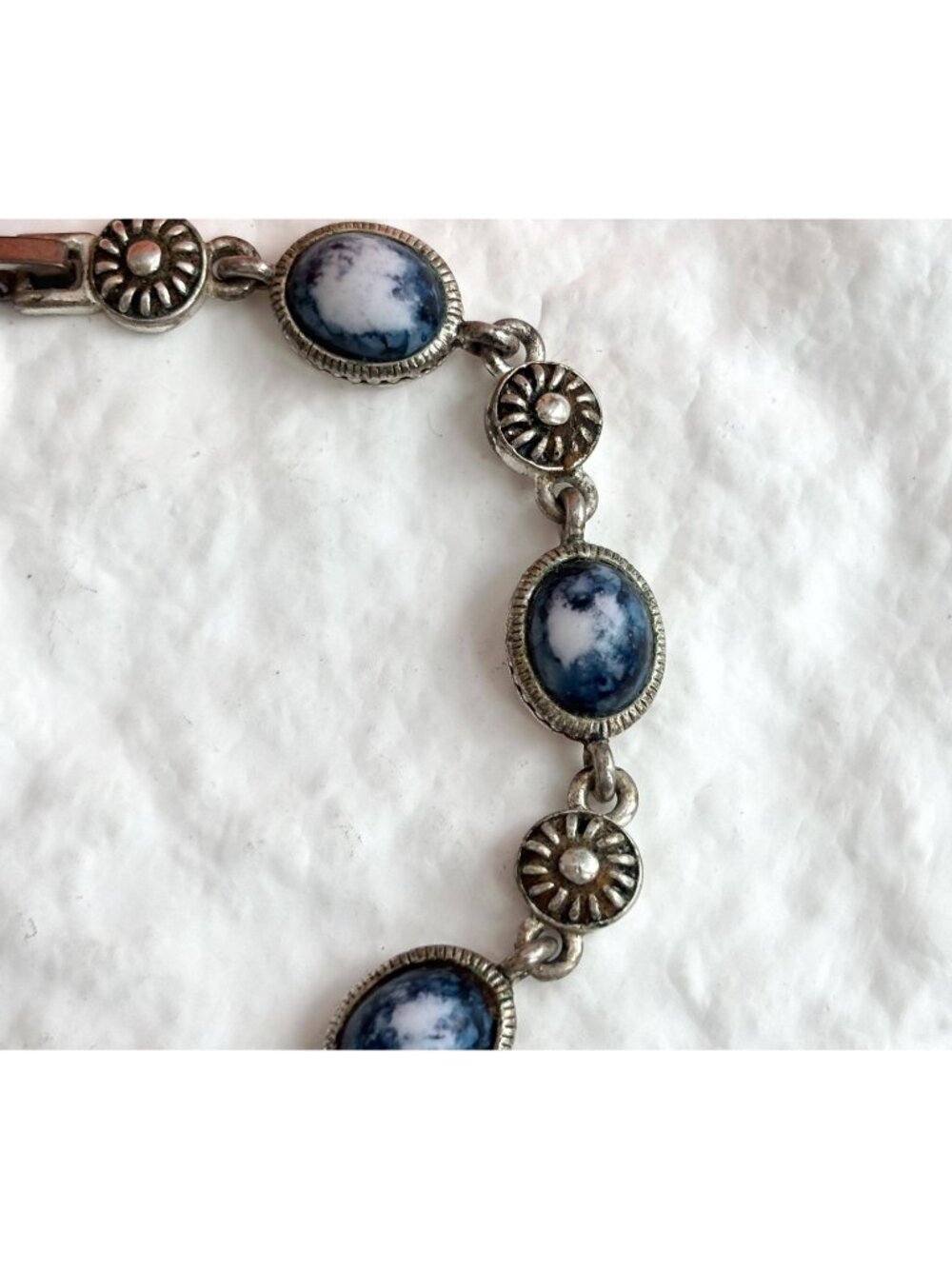 Faux Dentrit Oval Stone Floral Silver Toned Hand 80's Vintage Bracelet